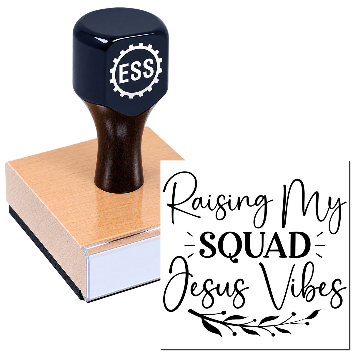 Black ESS stamp and seal on copper block, with white gear logo and "Raising My Squad Jesus Vibes" text.