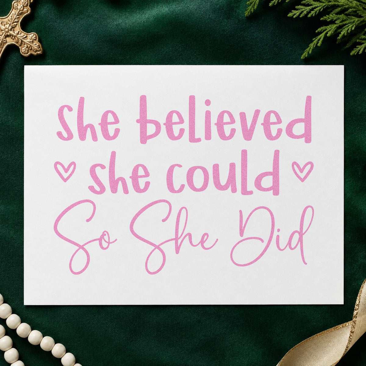 She Believed She Could craft stamp in purple ink on cardstock, an easy option for graduation gifts.