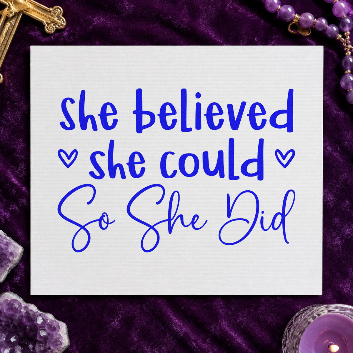 She Believed She Could craft stamp imprinted in blue ink on paper, a design suited to race finisher gifts.