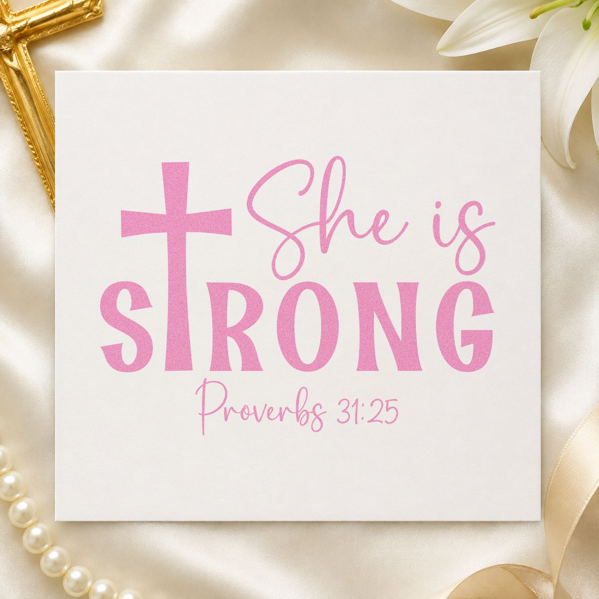 She Is Strong Cross craft stamp in purple ink on cardstock, an easy option for mother's day cards.
