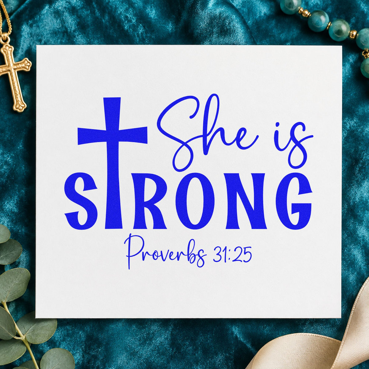 She Is Strong Cross craft stamp in blue ink on cardstock, an easy option for canvas totes.