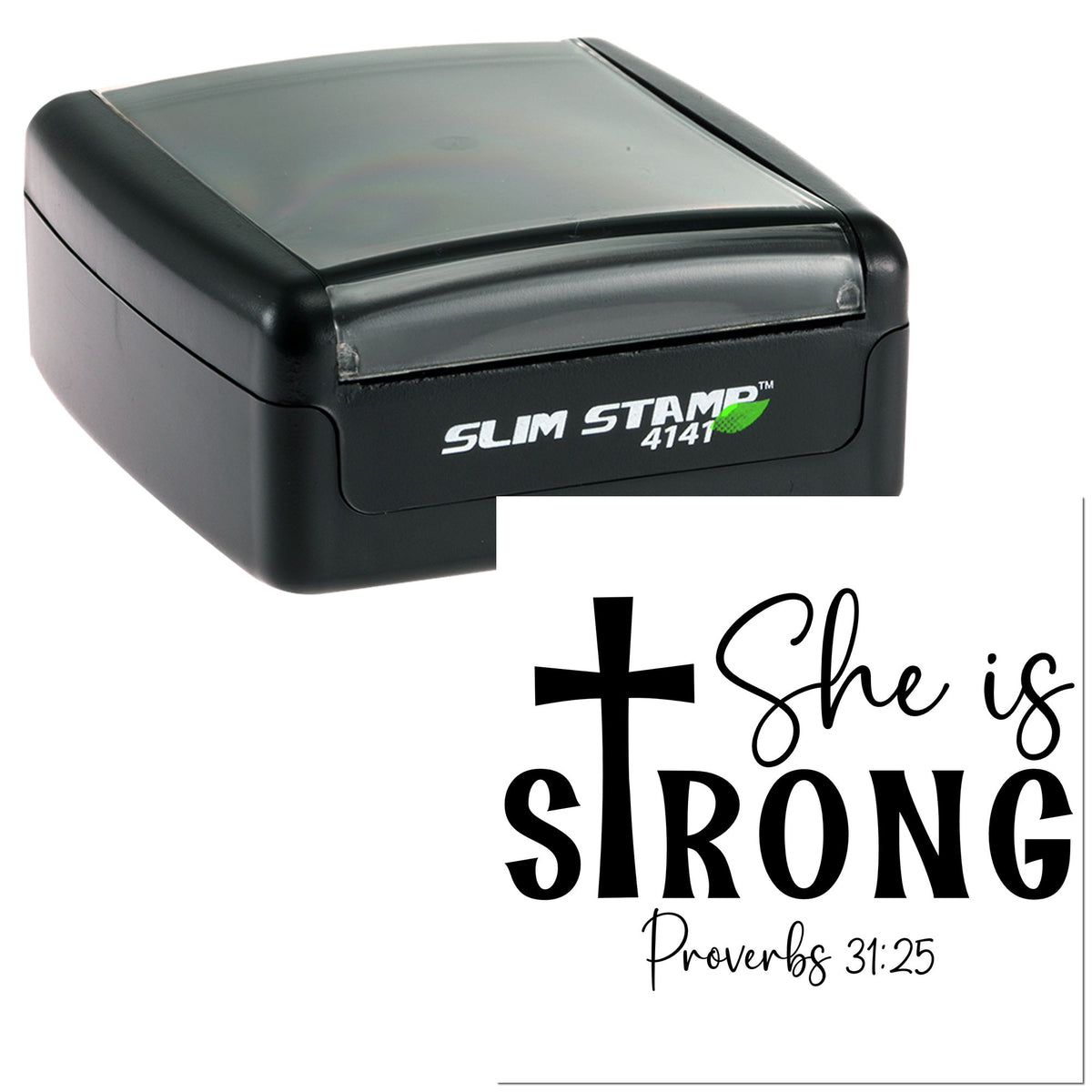 Black self-inking Slim Stamp seal with cross and She is Strong Proverbs 31:25 design on white.