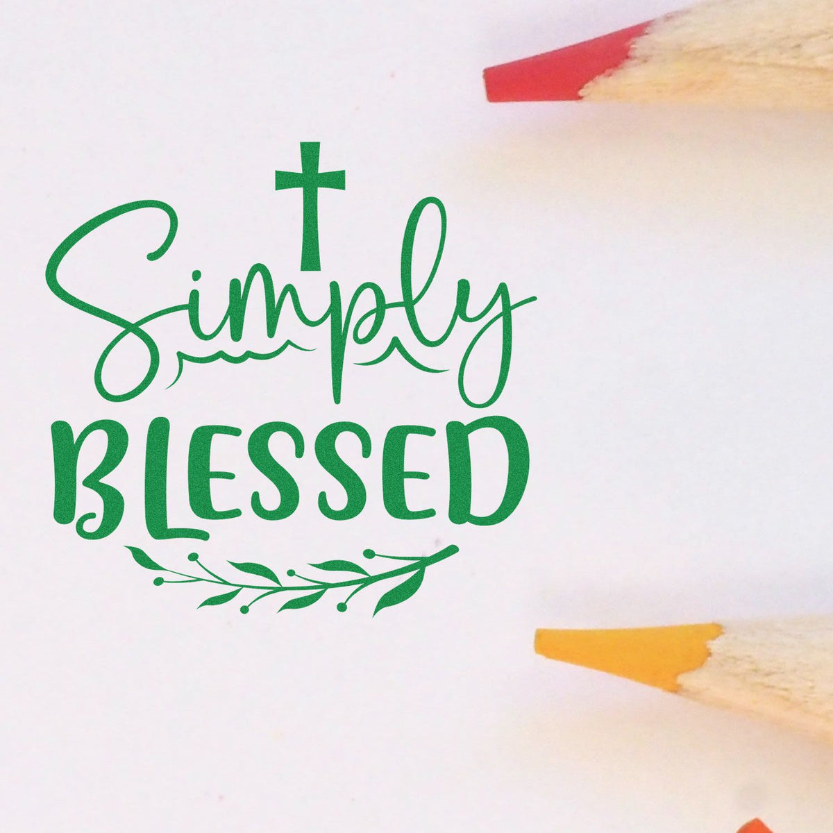 Green Simply Blessed stamp and seal design with cross, leaf flourish, and pencil tips on a white background