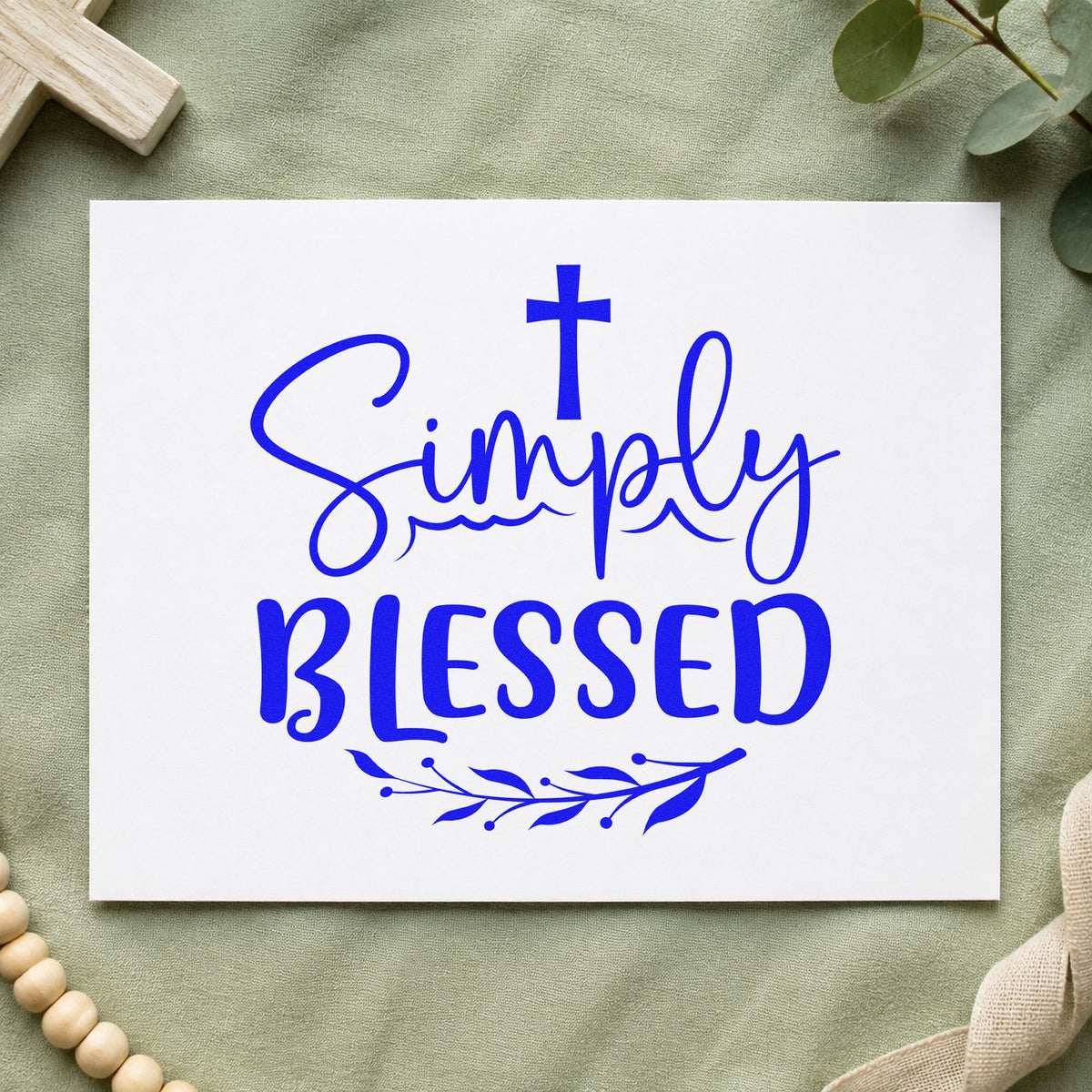 Simply Blessed Leaves craft stamp in blue ink on cardstock, an easy option for kraft gift bags.