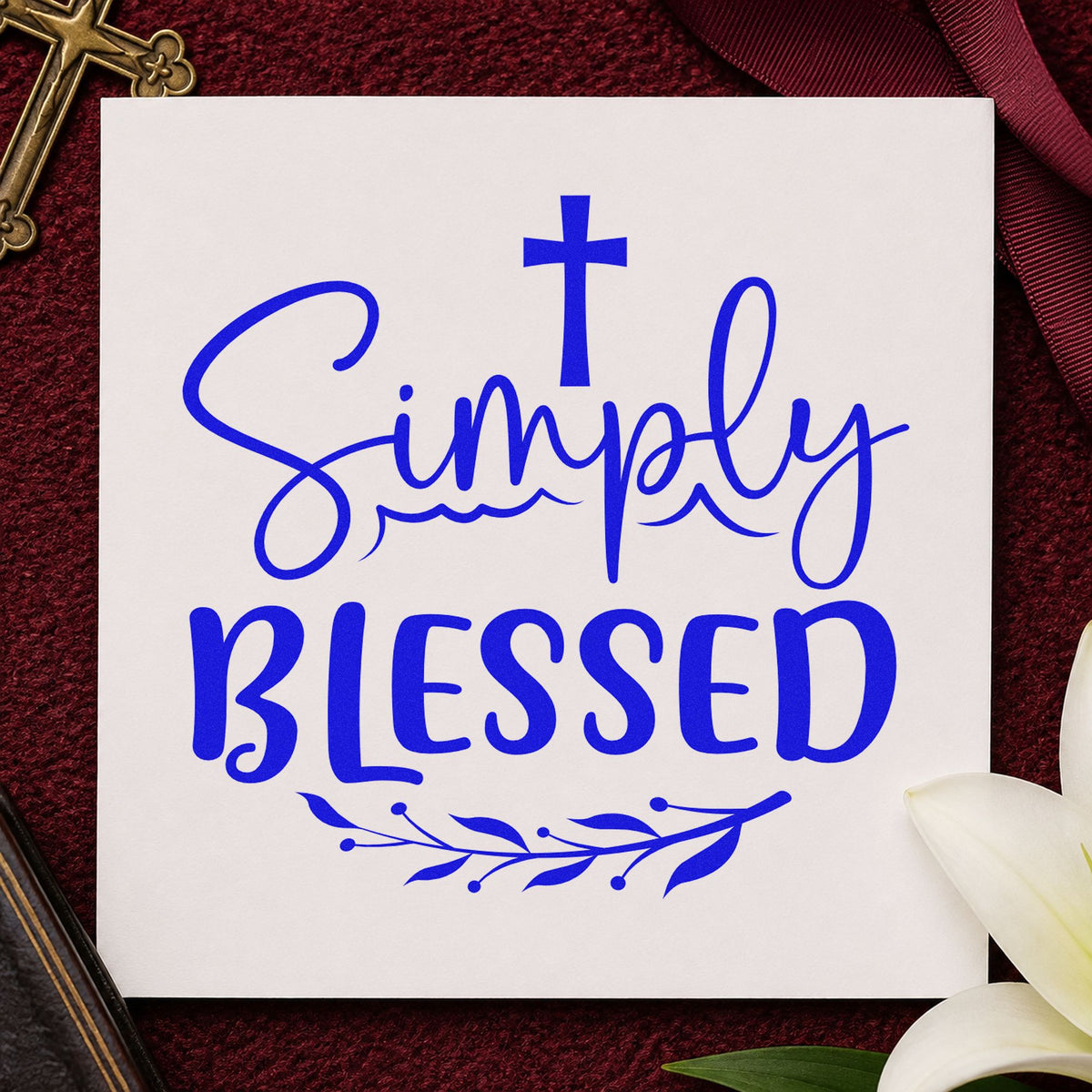 Simply Blessed Leaves craft stamp imprinted in blue ink on paper, a design suited to farmhouse wall art.
