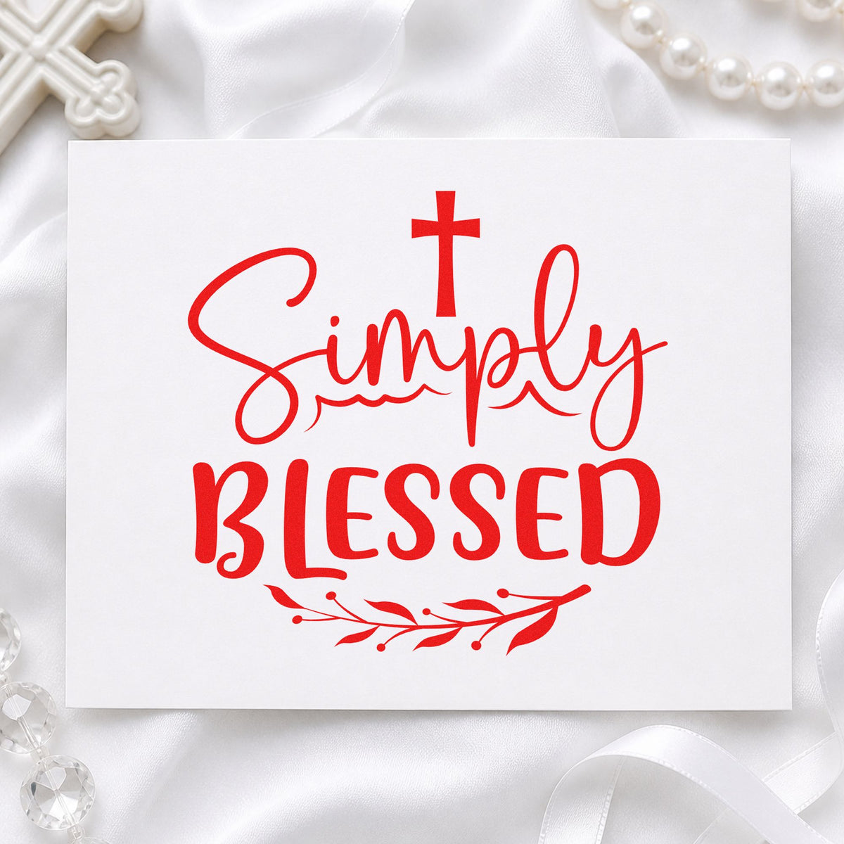 Simply Blessed Leaves rubber stamp shown in red ink, stamped for projects such as bake sale labels.
