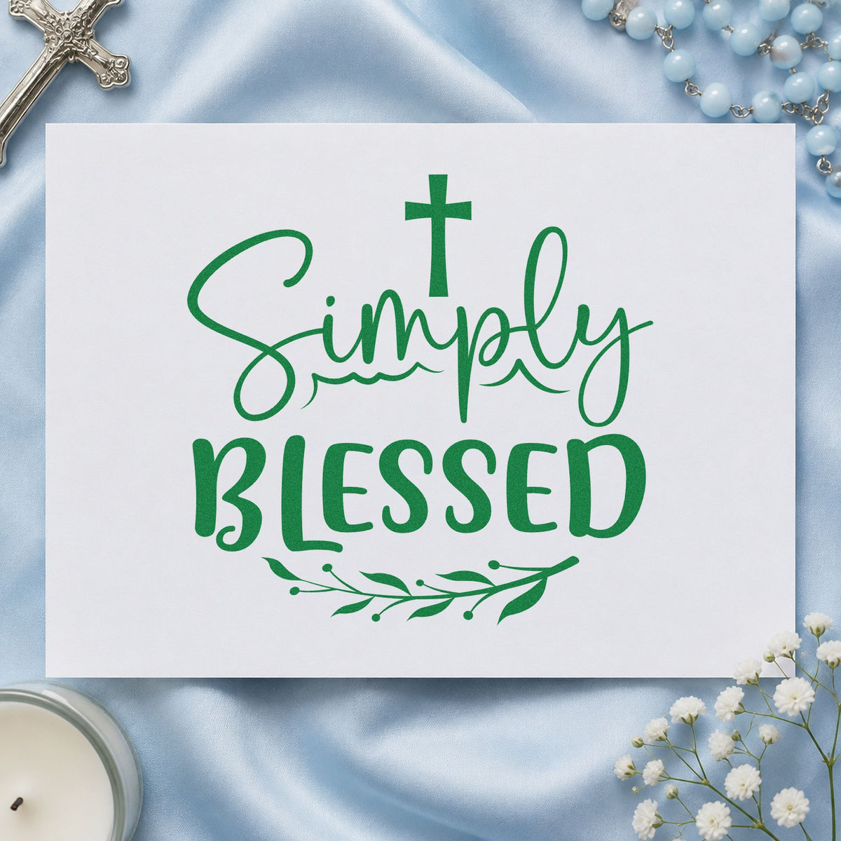 Simply Blessed Leaves craft stamp imprint in green ink on a handmade project, one idea being mug wrap crafts.