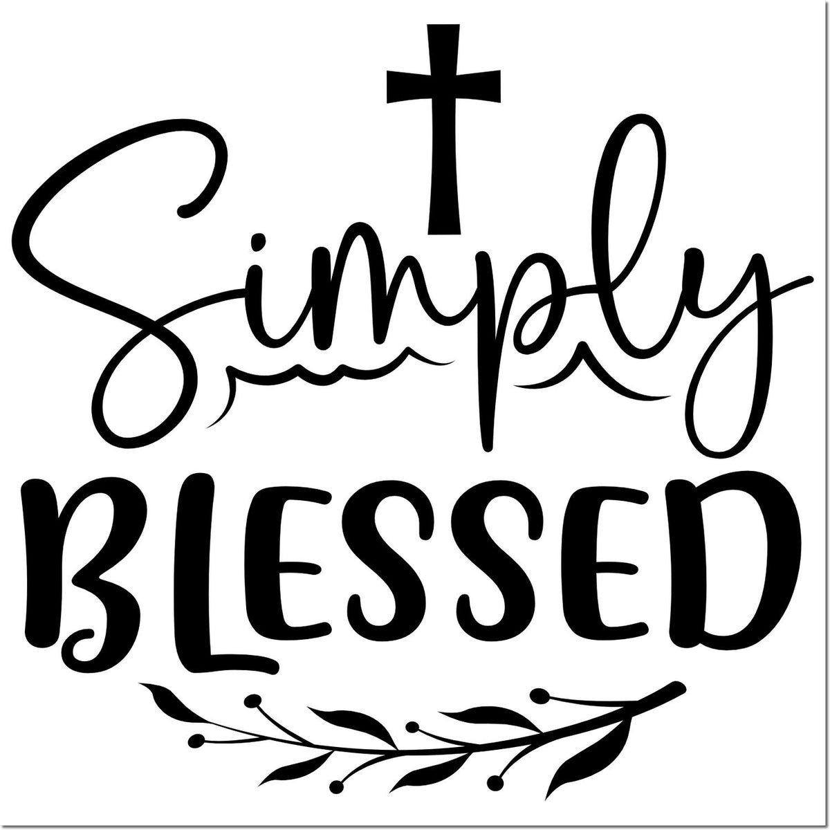 Black Simply Blessed stamp/seal design with cross and leafy flourishes on a white background.