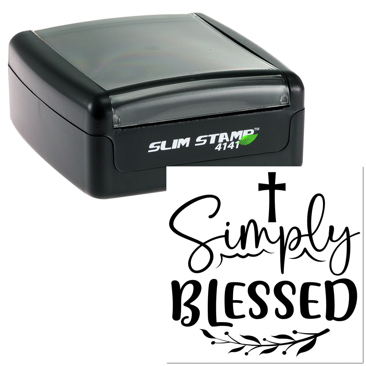 Black self-inking Slim Stamp 4141 with Simply blessed Christian seal design, cross, and floral accent on white.