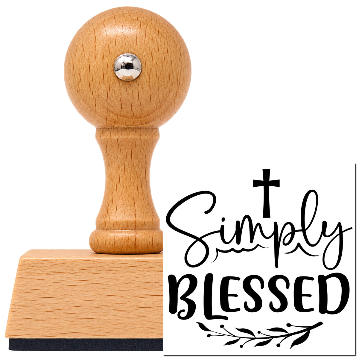 Vintage Pro beech wood stamp with a round knob handle, shown with its black Simply Blessed Leaves imprint on white.