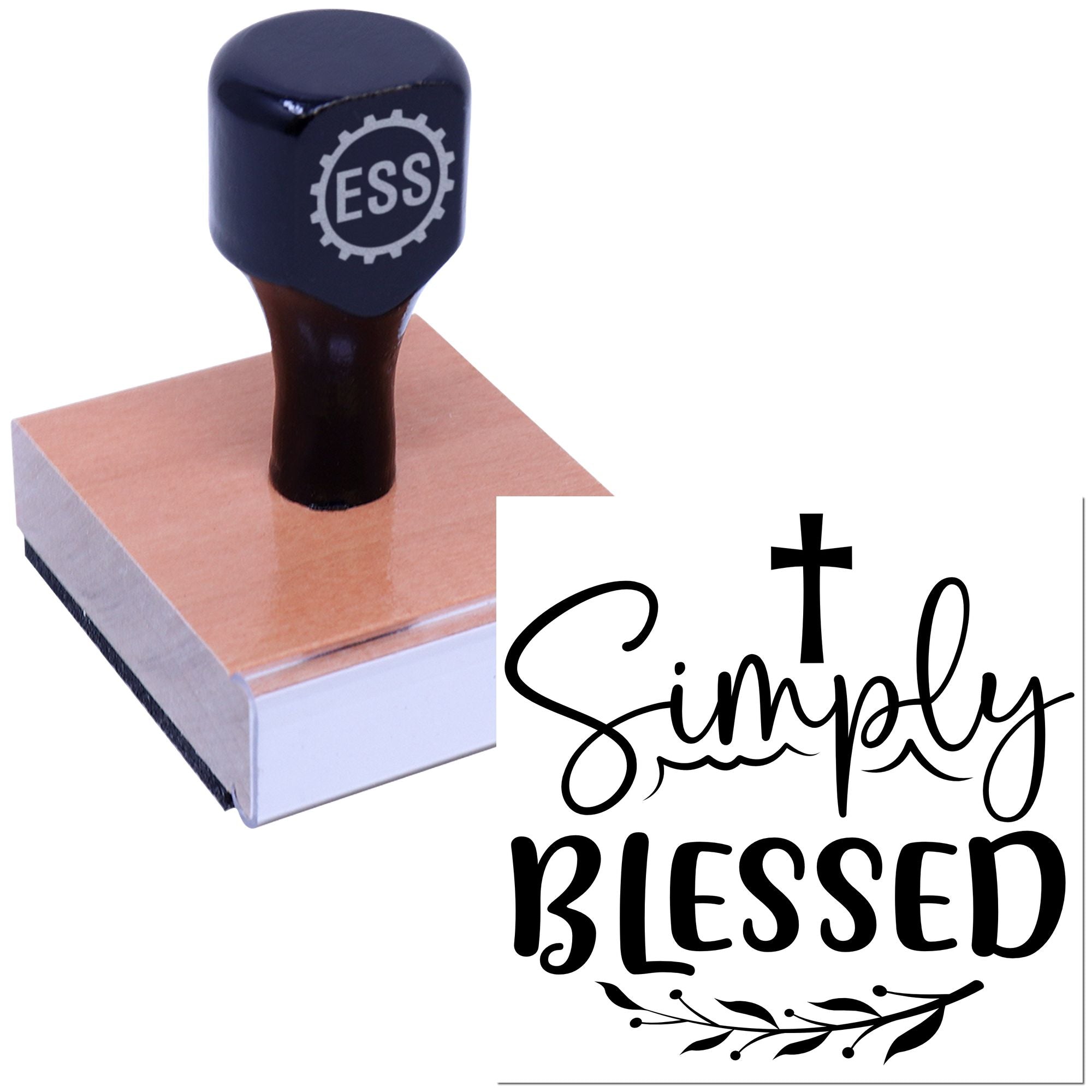 Dark navy ESS self-inking stamp and seal on wood block beside black Simply Blessed script with cross and leaves.