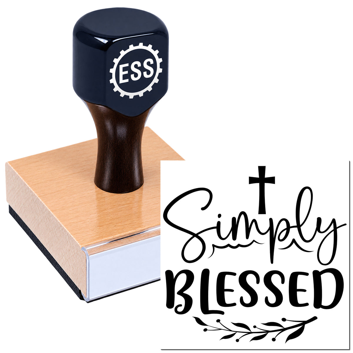 Dark navy ESS self-inking stamp and seal on wood block beside black "Simply Blessed" script with cross and leaves.