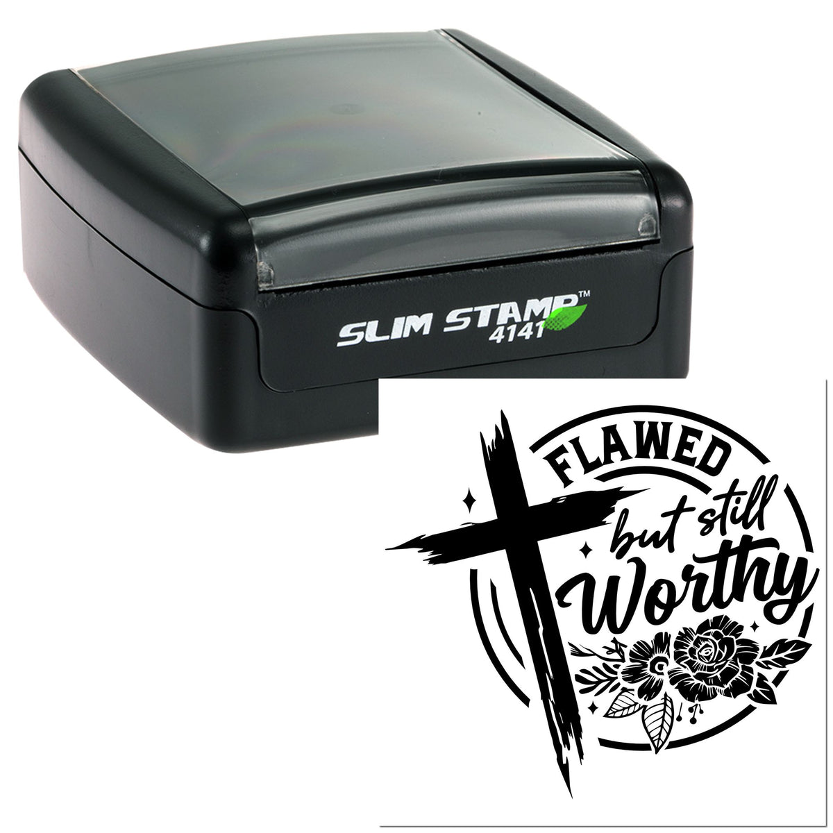 Black self-inking Slim Stamp 4141 with custom black seal reading Flawed but still worthy and floral cross design.