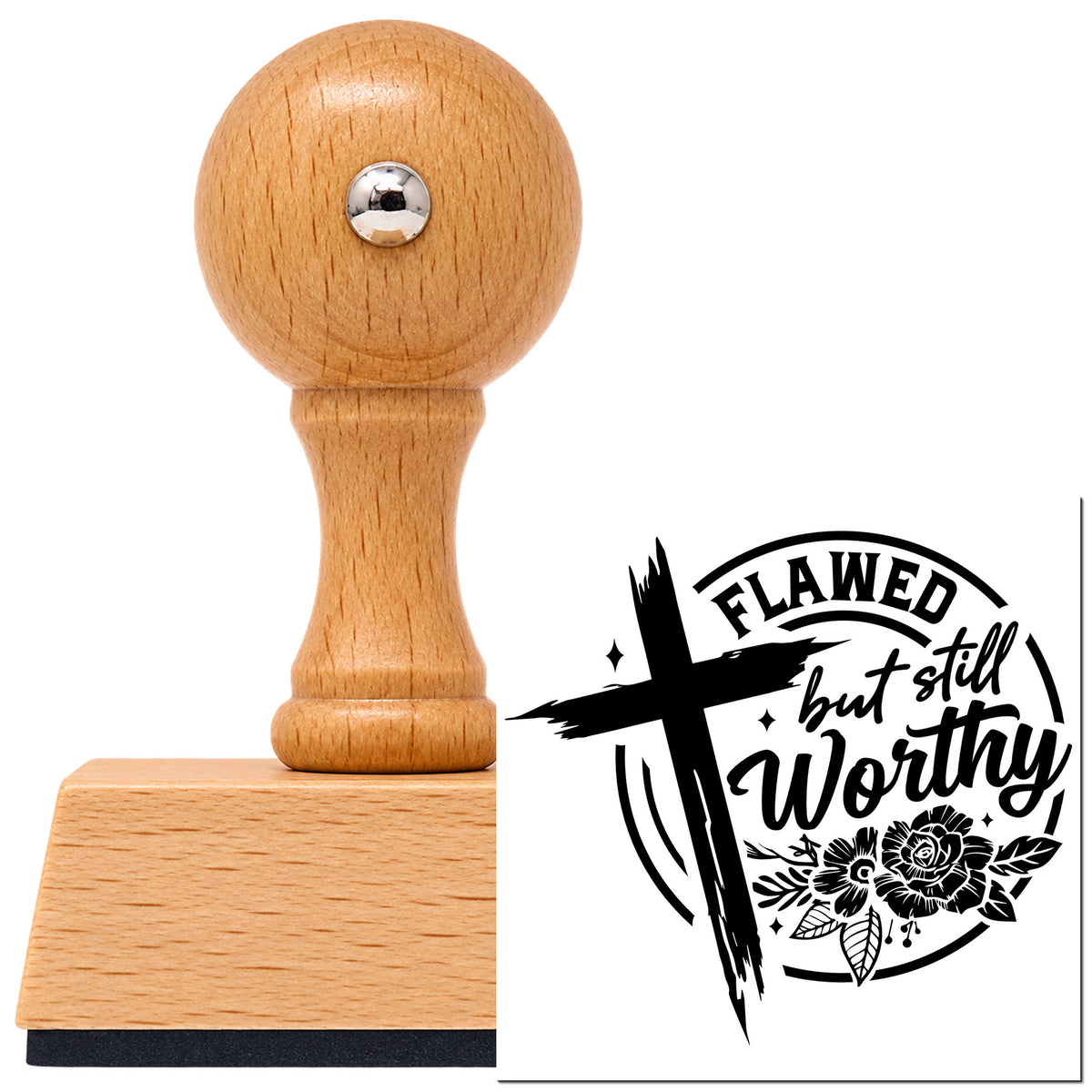 Vintage Pro beech wood stamp with a round knob handle, shown with its black Flawed But Still Worthy Brushstroke Cross imprint on white.