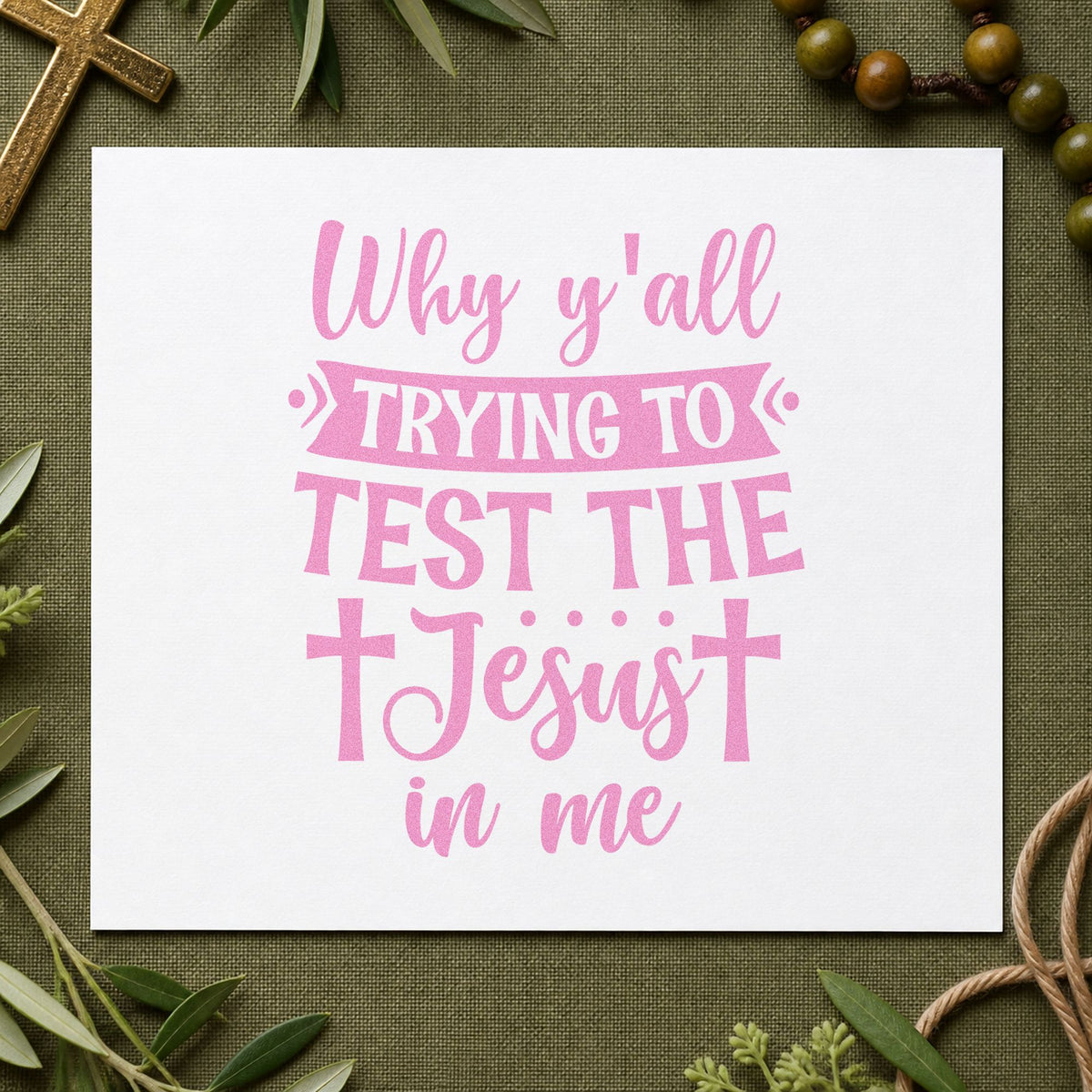 Why Y'all Test the Jesus craft stamp in purple ink on cardstock, an easy option for coworker humor notes.