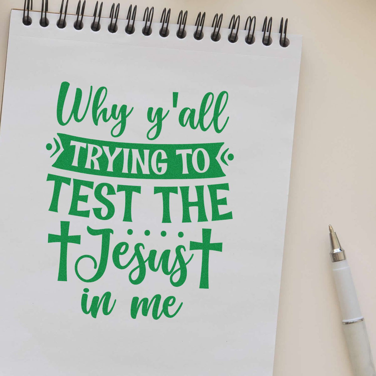 Why Y'all Test the Jesus rubber stamp shown in green ink, stamped for projects such as coworker humor notes.