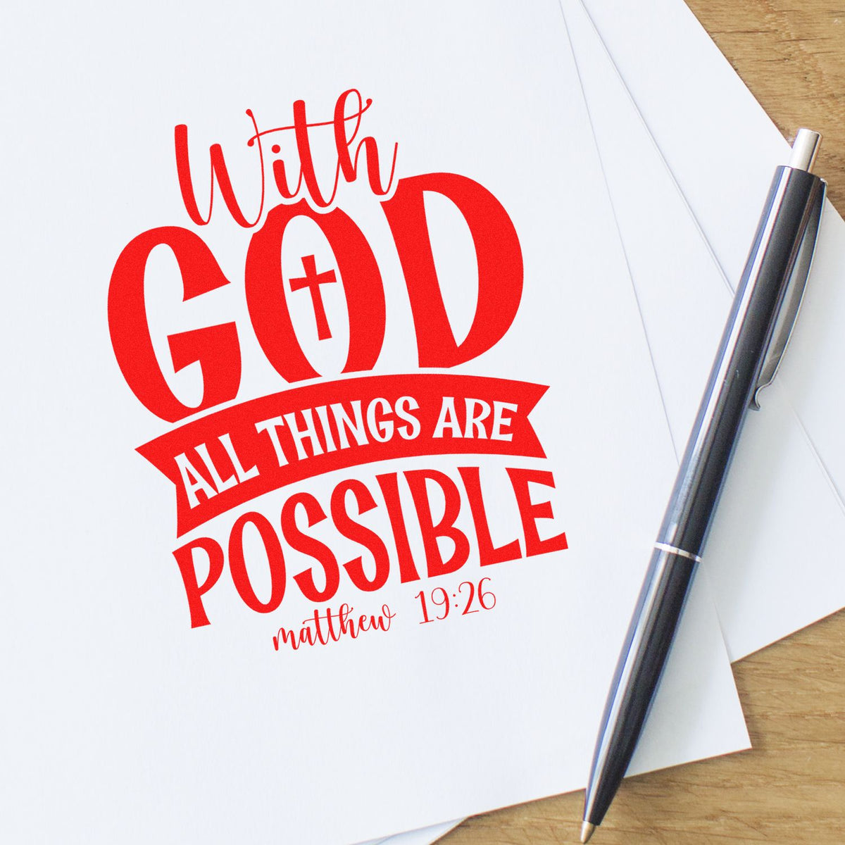 With God Possible Dark Banner rubber stamp shown in red ink, stamped for projects such as graduation gifts.