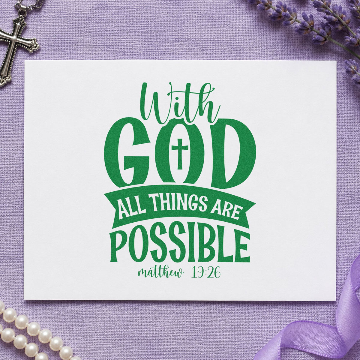 With God Possible Dark Banner craft stamp imprint in green ink on a handmade project, one idea being athlete motivation tags.