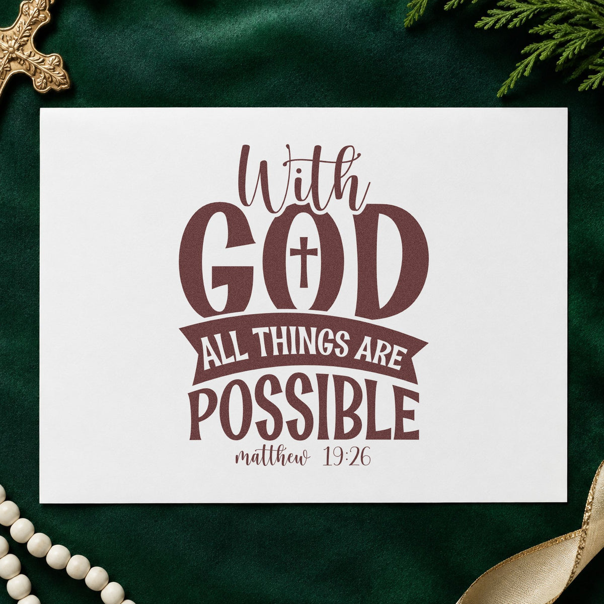 With God Possible Dark Banner rubber stamp printed in brown ink, ready for dream scrapbooks and similar paper crafts.