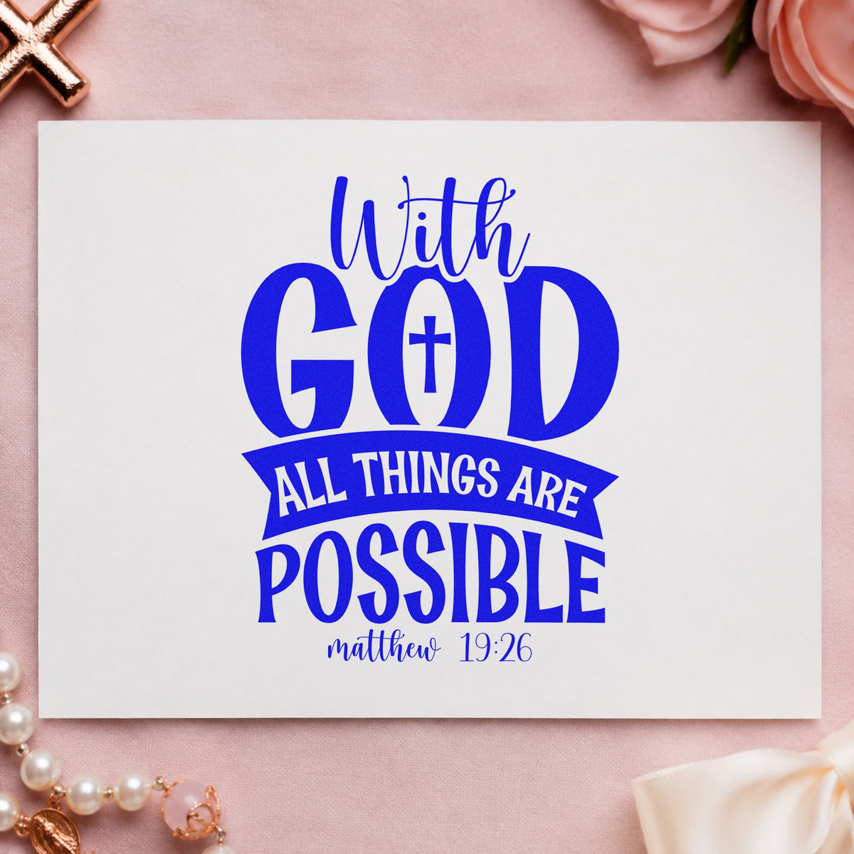 With God Possible Dark Banner craft stamp in blue ink on cardstock, an easy option for canvas totes.