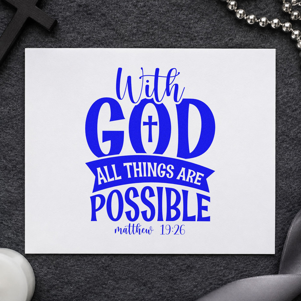 With God Possible Dark Banner craft stamp imprinted in blue ink on paper, a design suited to new business cards.