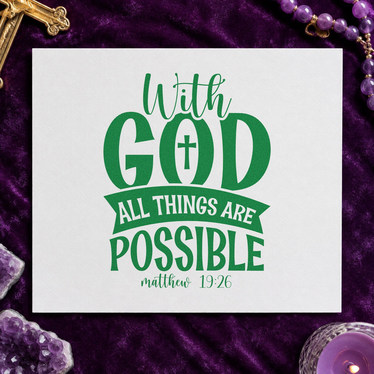With God Possible Dark Banner craft stamp imprint in green ink on a handmade project, one idea being framed office art.