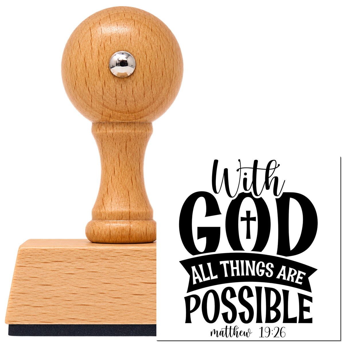 Vintage Pro beech wood stamp with a round knob handle, shown with its black With God All Things Are Possible Solid Banner imprint on white.