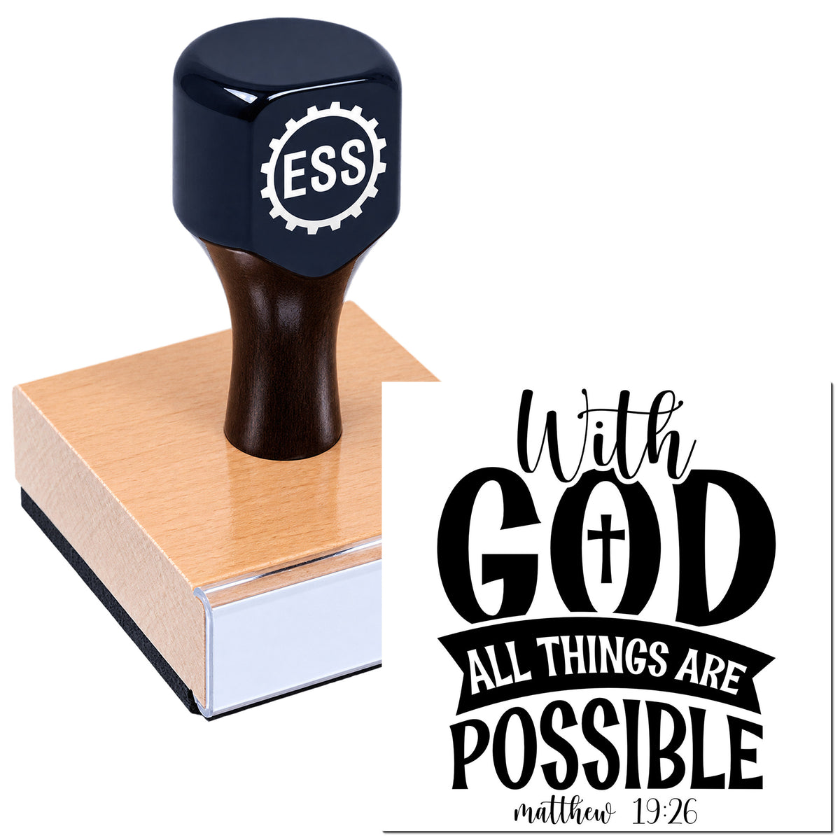 Black ESS stamp and seal on pink base with "With God all things are possible" Matthew 19:26, bold script and cross.