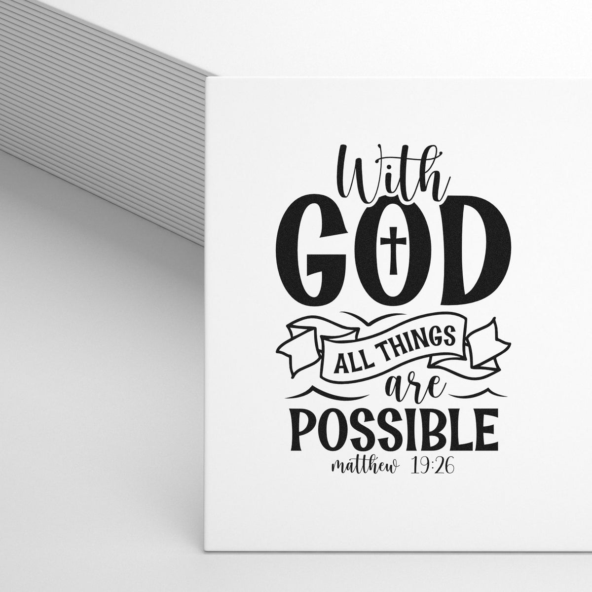 Black Christian stamp and seal design on white, reading With God all things are possible with Matthew 19:26.