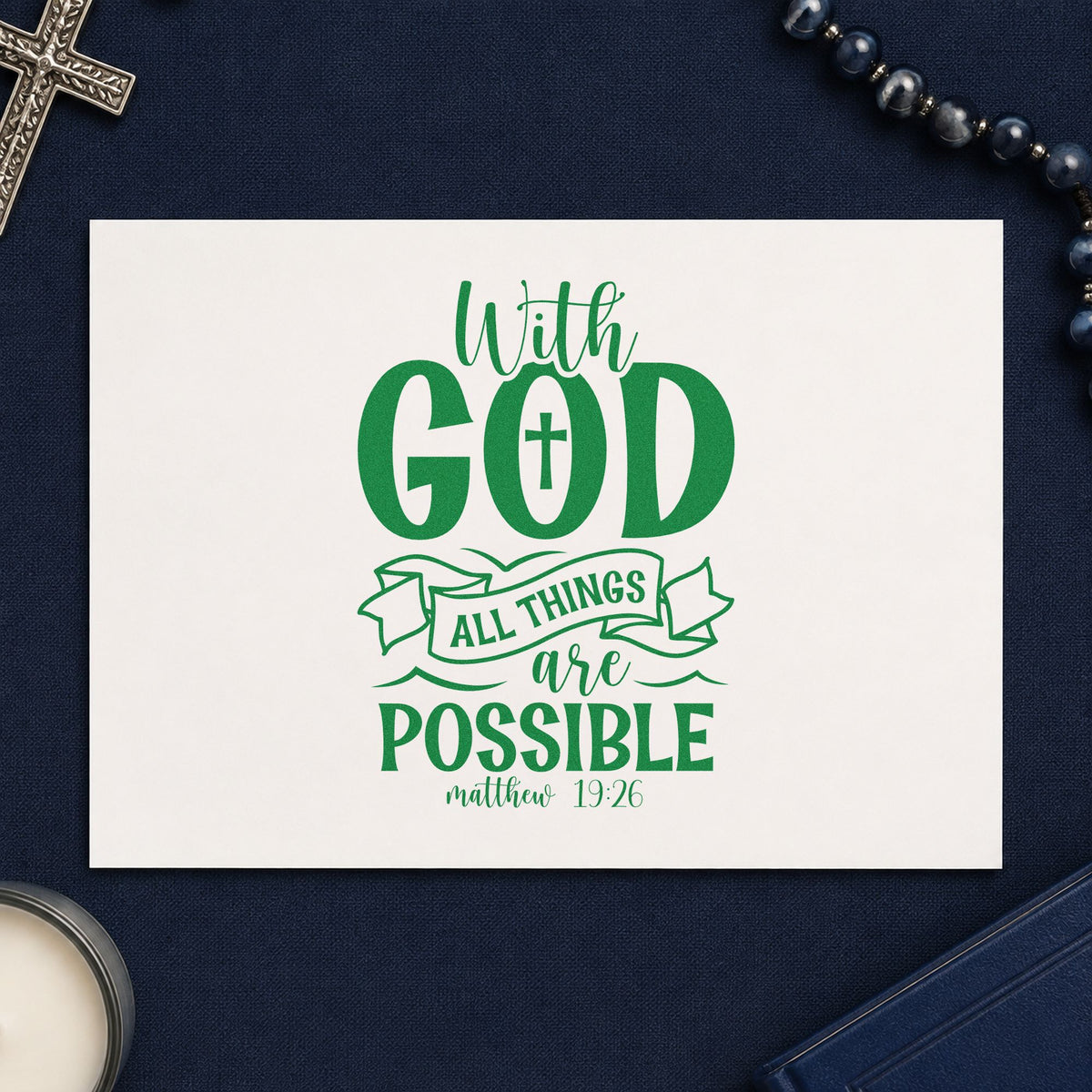 With God Possible Outline Banner craft stamp imprint in green ink on a handmade project, one idea being promotion gift tags.