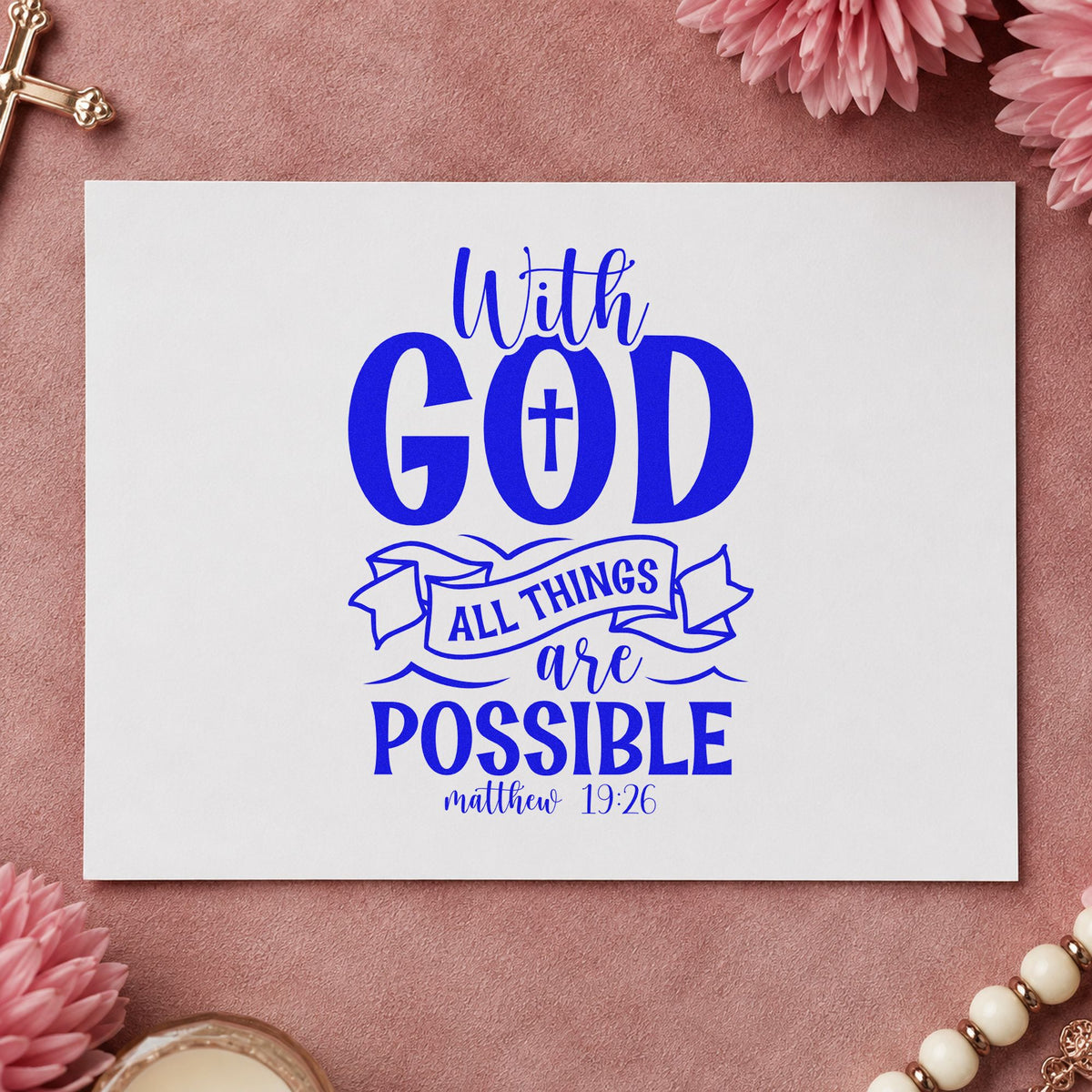 With God Possible Outline Banner craft stamp in blue ink on cardstock, an easy option for tee transfers.