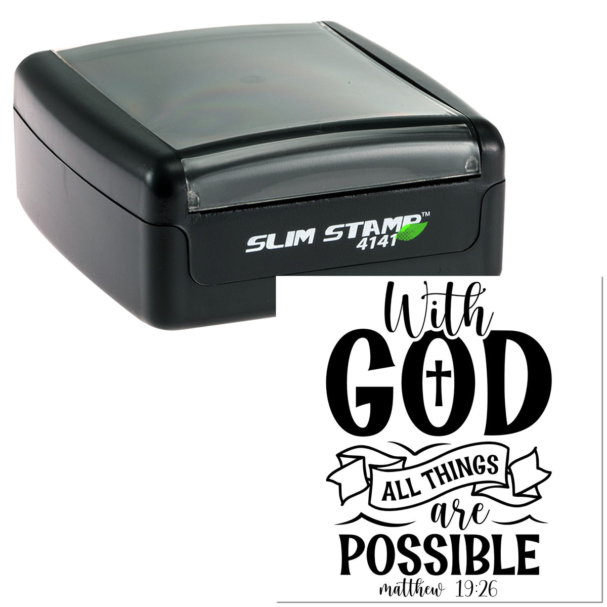 Black slim self-inking stamp with With God all things are possible Christian seal design on white background.