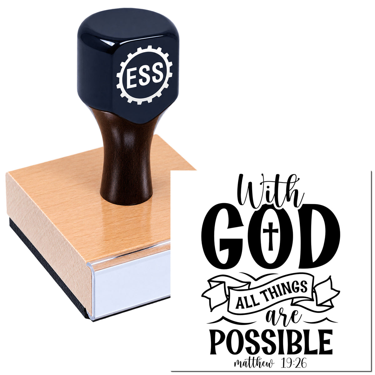 Black rubber stamp and pink wooden seal block with ESS logo and "With God all things are possible" Christian design.