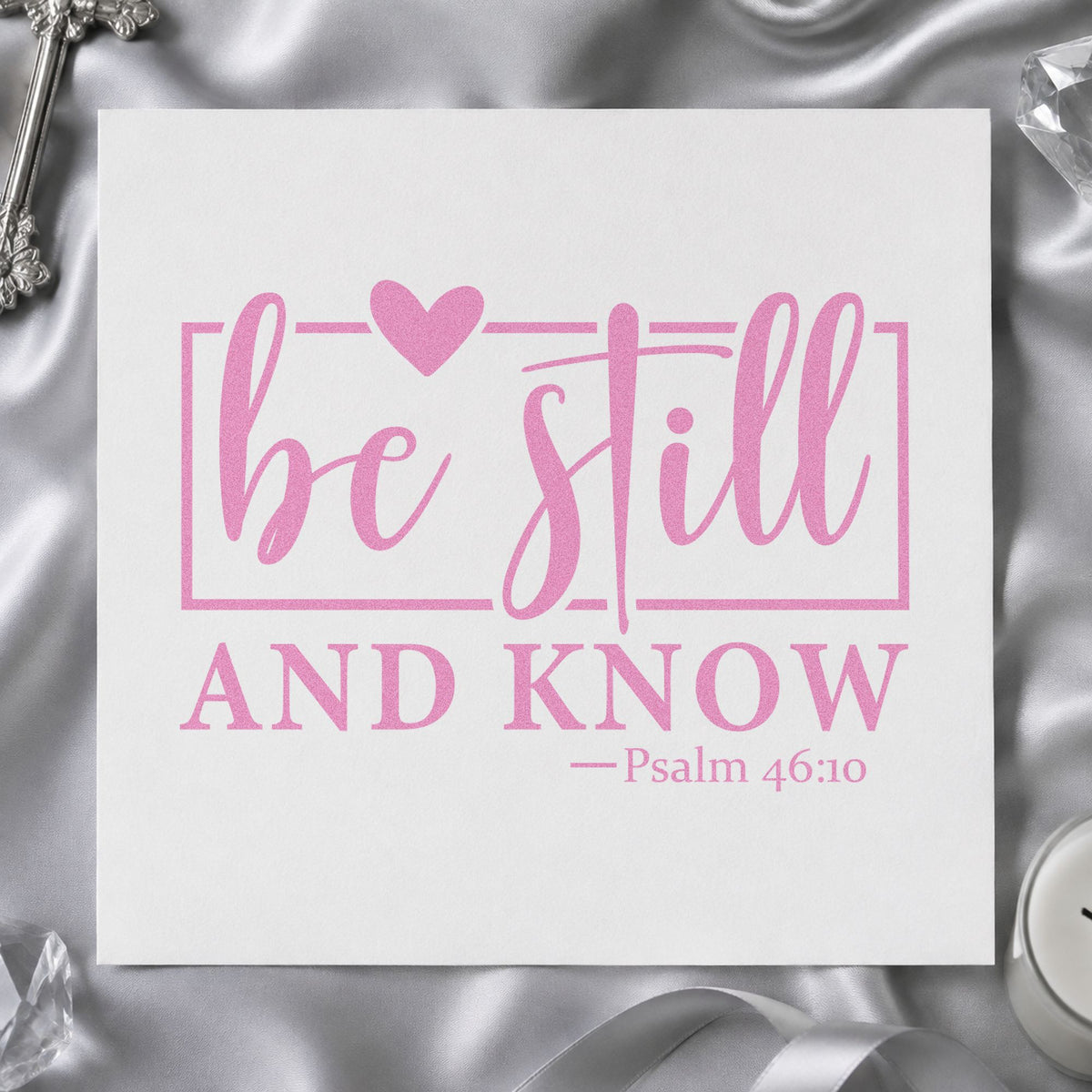 Be Still Heart Frame craft stamp in purple ink on cardstock, an easy option for yoga class gifts.