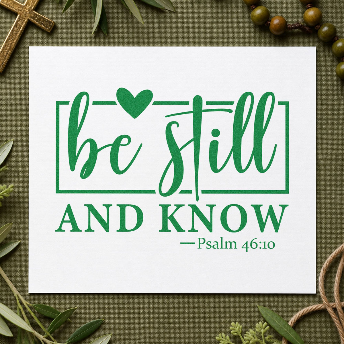 Be Still Heart Frame craft stamp imprint in green ink on a handmade project, one idea being spa day tags.