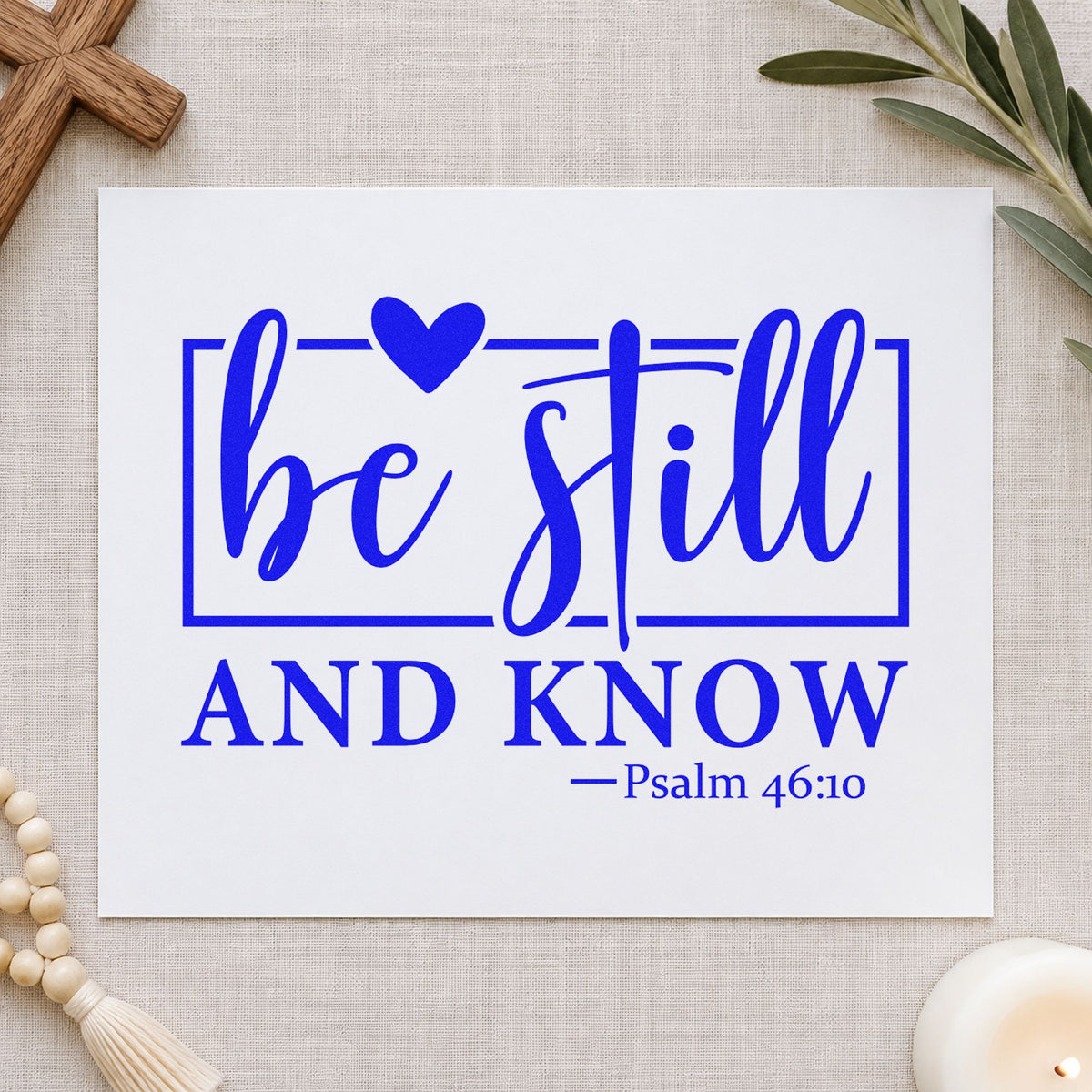 Be Still Heart Frame craft stamp in blue ink on cardstock, an easy option for canvas pillow covers.