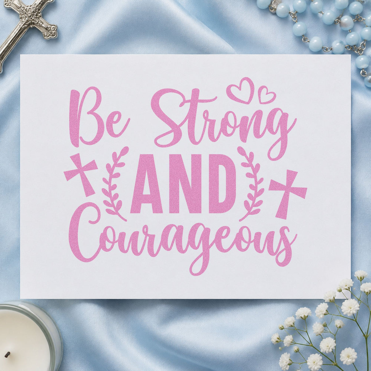 Be Strong and Courageous craft stamp in purple ink on cardstock, an easy option for boot camp letters.
