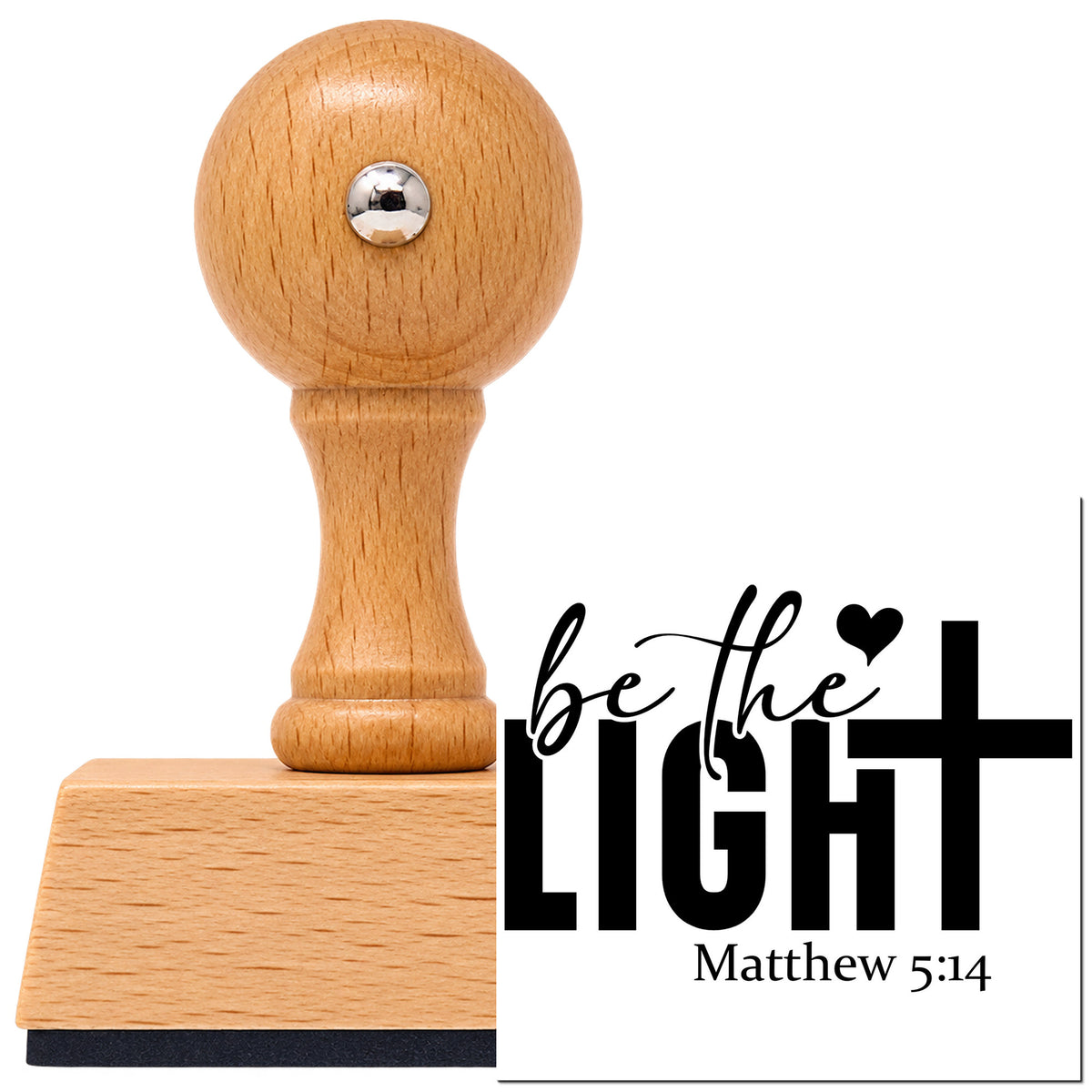 Vintage Pro beech wood stamp with a round knob handle, shown with its black Be The Light imprint on white.