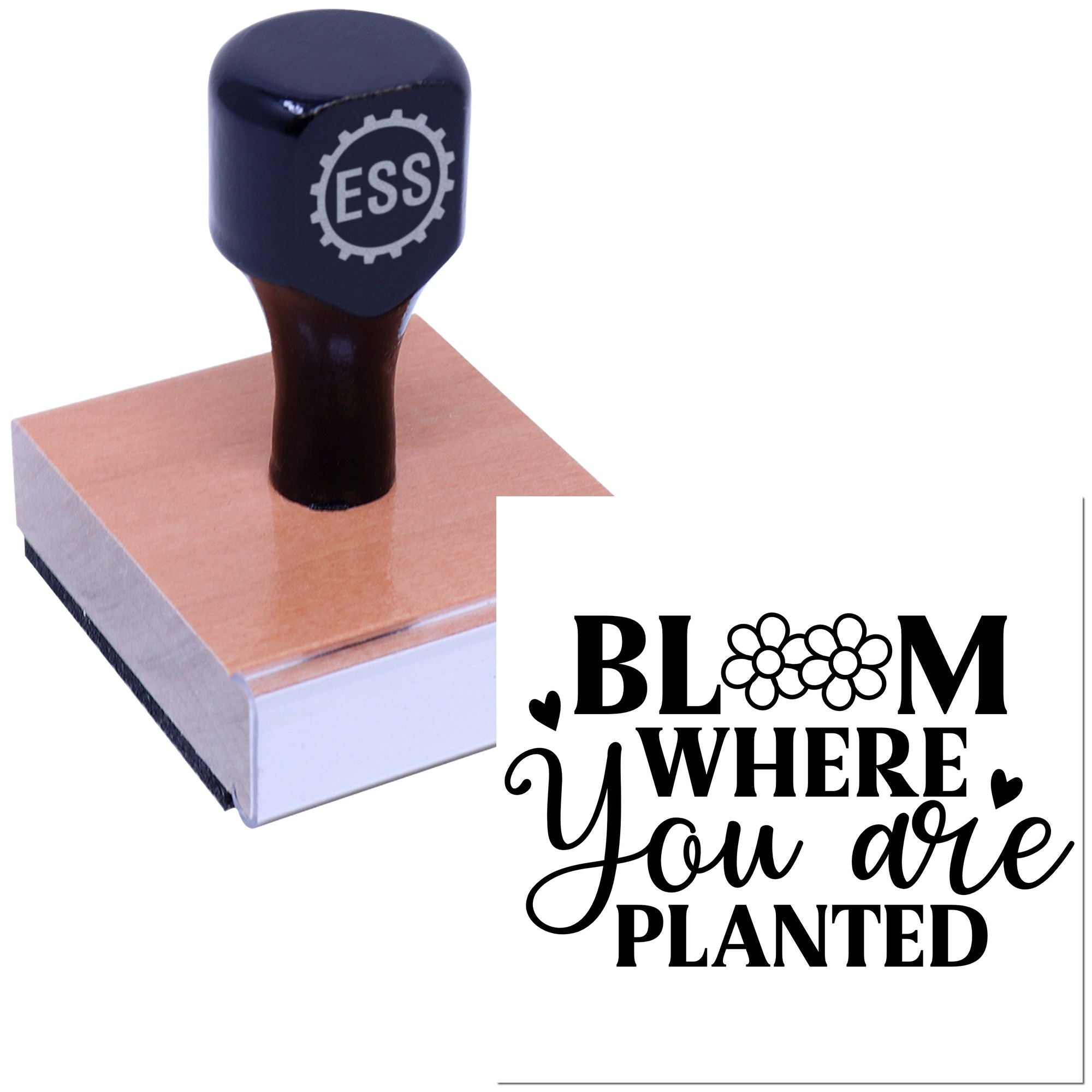 Black custom rubber stamp with ESS logo on a wood seal block beside Bloom Where You Are Planted design
