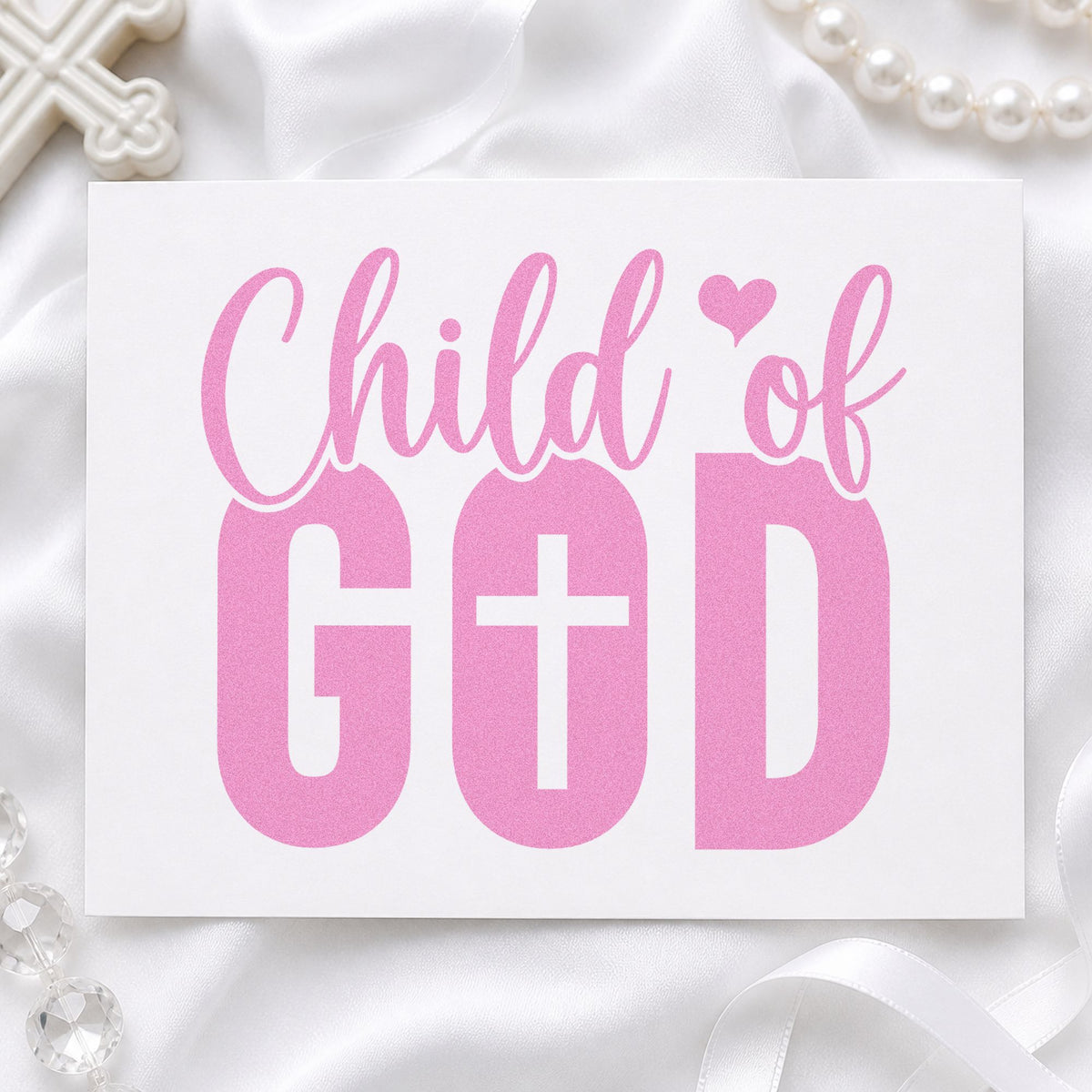 Child of God craft stamp in purple ink on cardstock, an easy option for dedication invitations.