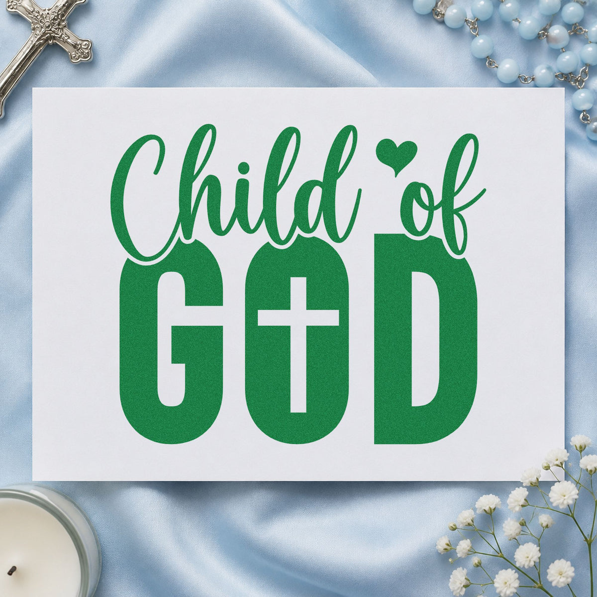 Child of God craft stamp imprint in green ink on a handmade project, one idea being nursery wall art.