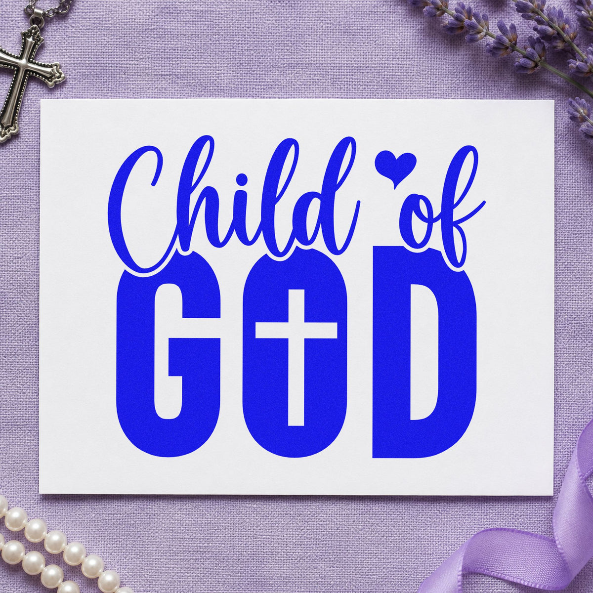 Child of God craft stamp in blue ink on cardstock, an easy option for adoption announcements.