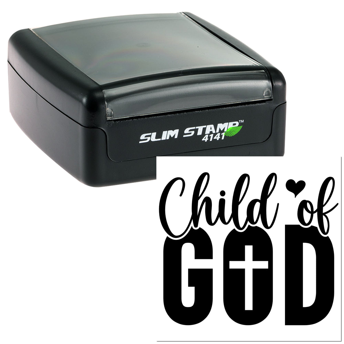 Black Slim Stamp self-inking seal with translucent cover and sample Child of God imprint in black with a heart and cross.