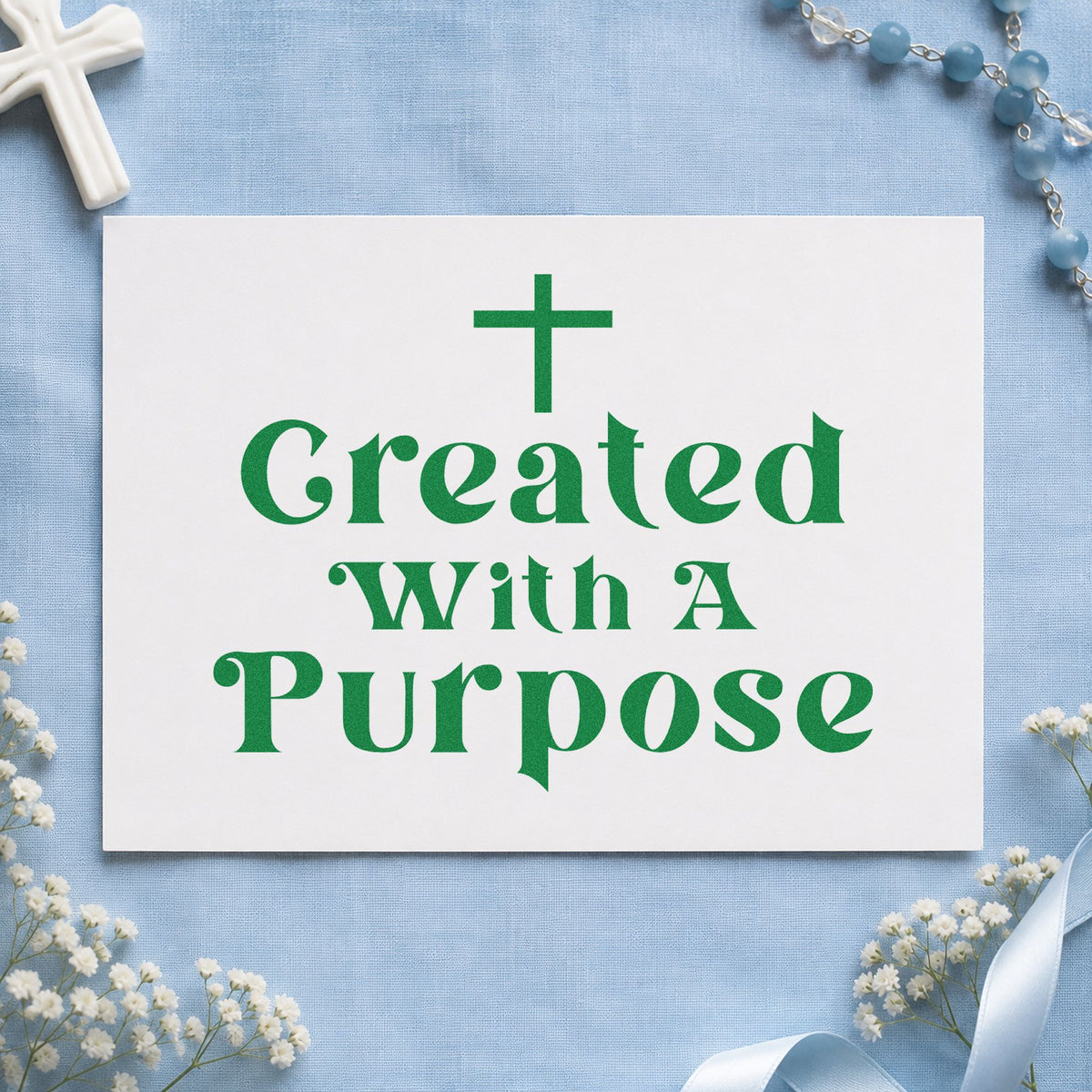 Created with a Purpose craft stamp imprint in green ink on a handmade project, one idea being youth event name tags.