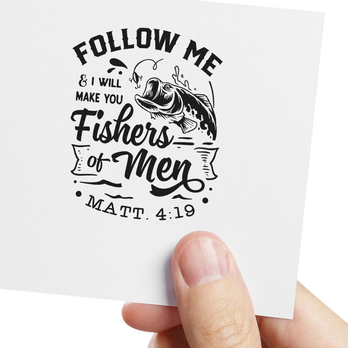 Black stamp seal design with leaping fish and scripture: Follow Me & I Will Make You Fishers of Men Matthew 4:19.
