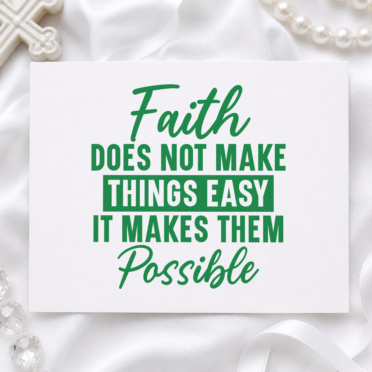 Faith Makes Things Possible craft stamp imprint in green ink on a handmade project, one idea being caregiver gifts.
