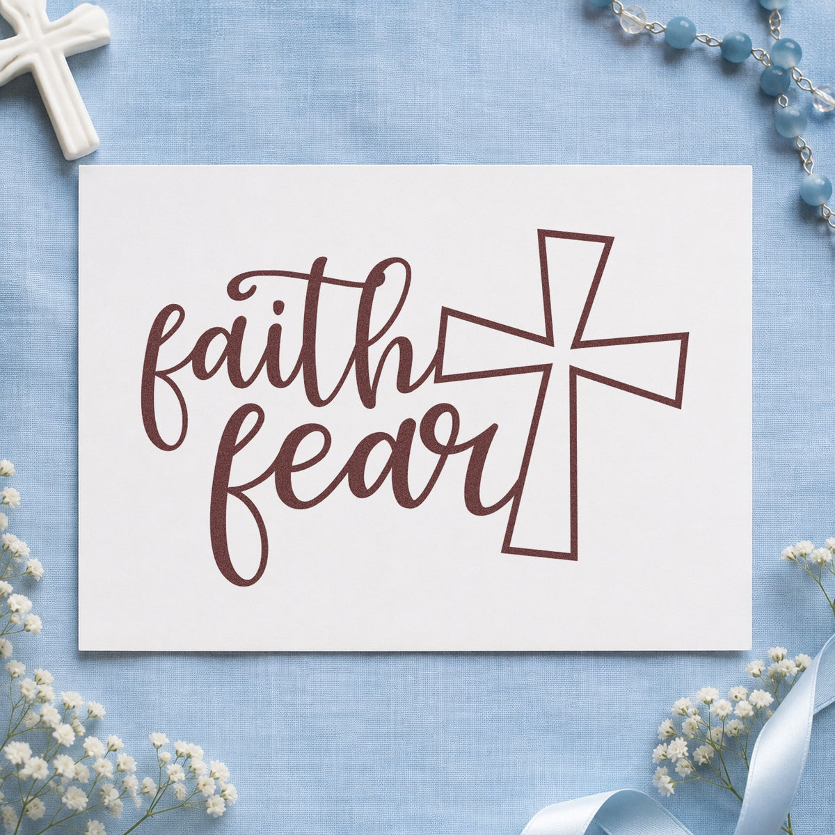 Faith over Fear Cross rubber stamp printed in brown ink, ready for brave choice pages and similar paper crafts.