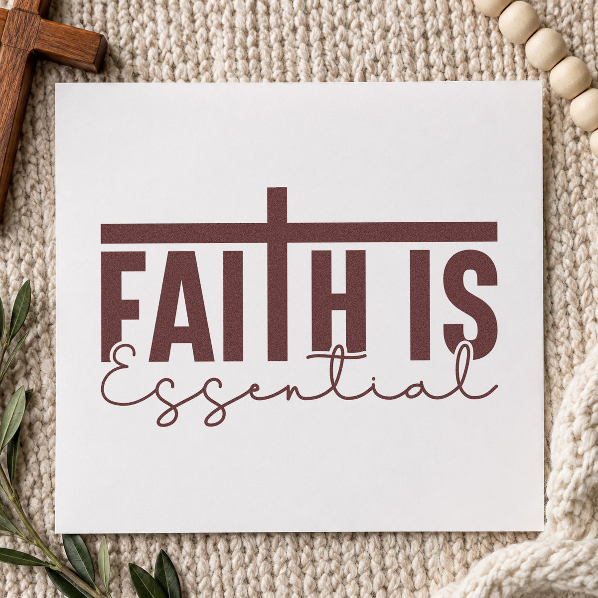 Faith Is Essential rubber stamp printed in brown ink, ready for milestone title blocks and similar paper crafts.