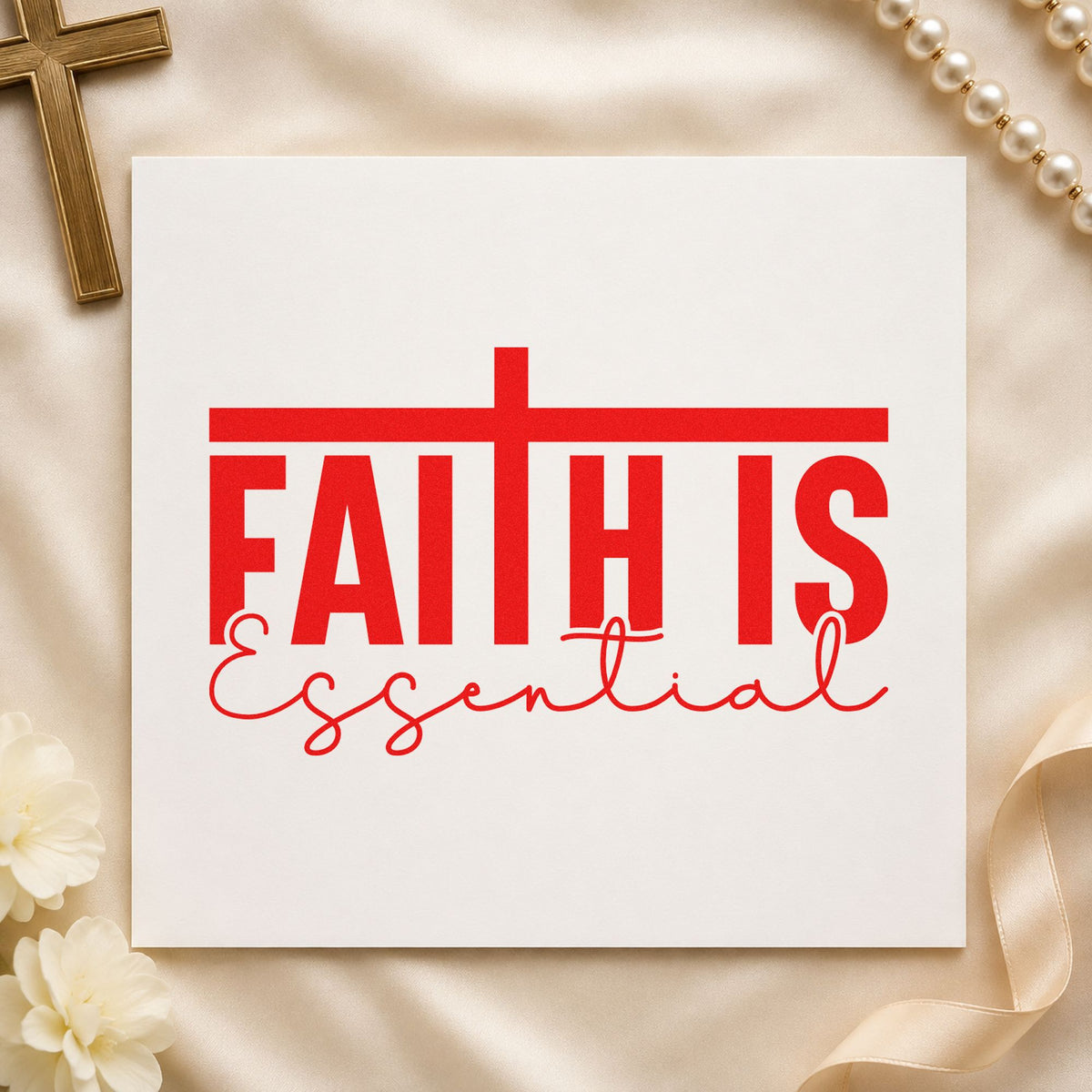 Faith Is Essential rubber stamp shown in red ink, stamped for projects such as retreat name tags.