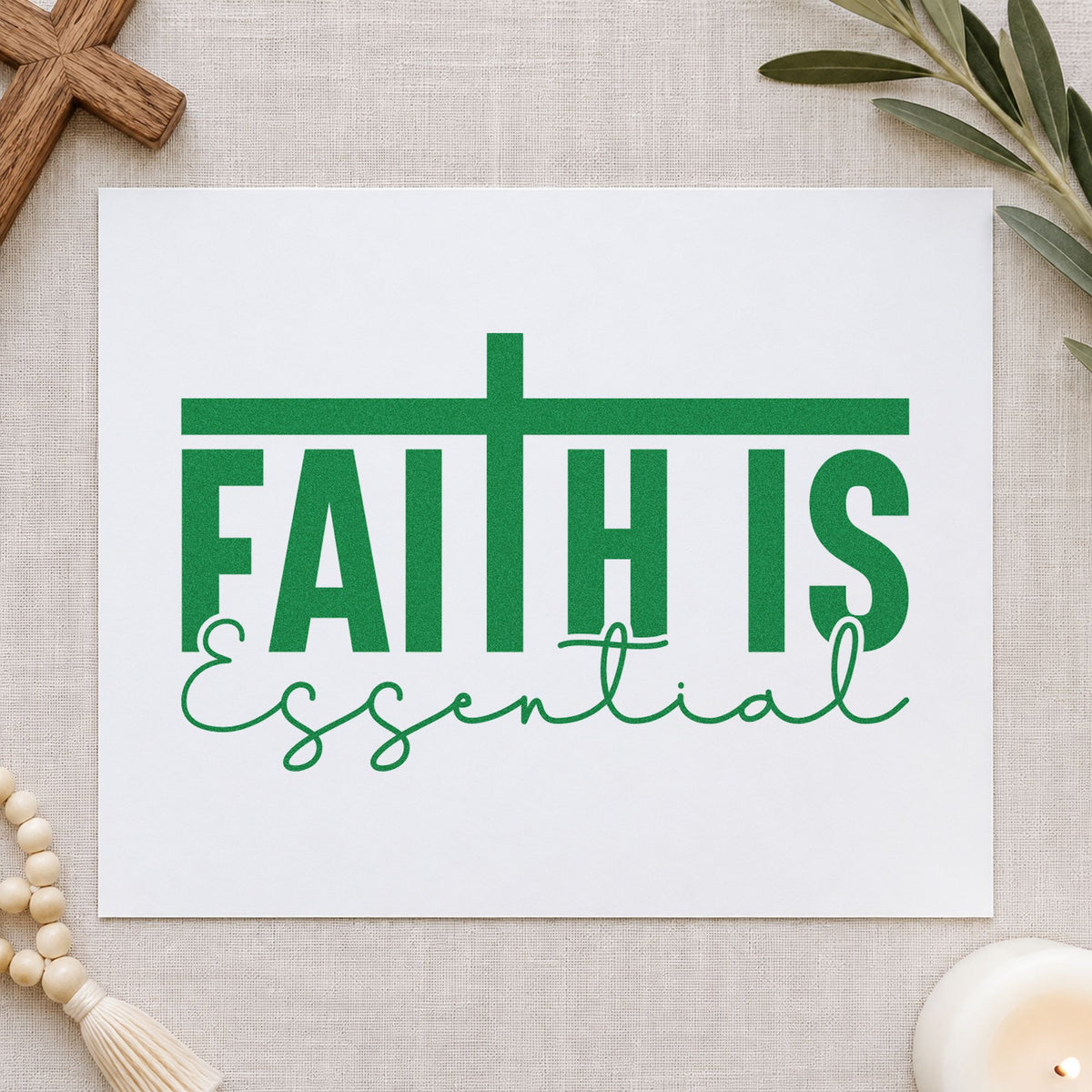 Faith Is Essential craft stamp imprint in green ink on a handmade project, one idea being small group invites.